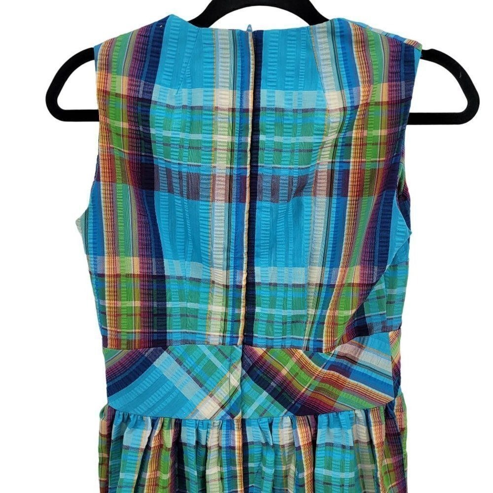 Vtg 70s Cottage Dopamine Rainbow Plaid Tie Waist Maxi Dress Sz M Textured Cotton - Picture 9 of 11